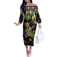 Mardi Gras Alligator Off The Shoulder Long Sleeve Dress Mardigator On Tuesdays We Wear Beads - Wonder Print Shop