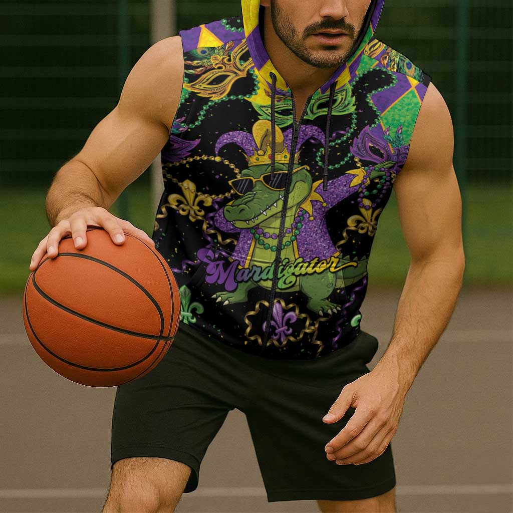 Mardi Gras Alligator Sleeveless Zip Hoodie Mardigator On Tuesdays We Wear Beads - Wonder Print Shop