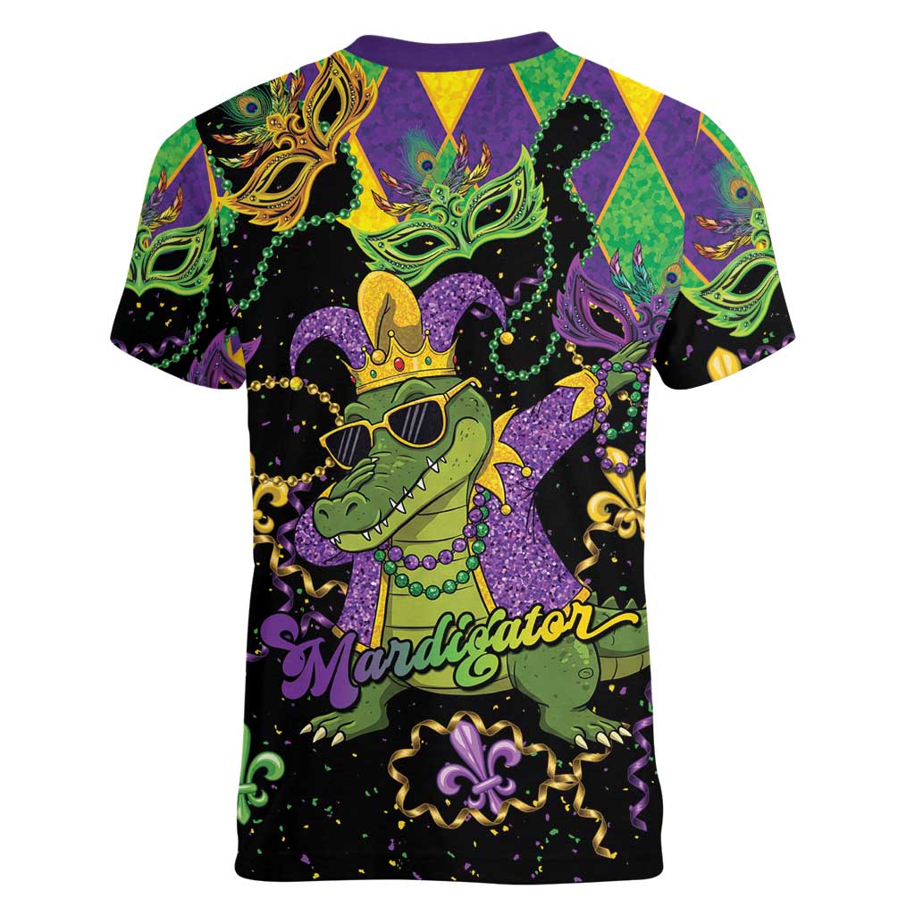 Mardi Gras Alligator Women V-Neck T-Shirt Mardigator On Tuesdays We Wear Beads - Wonder Print Shop