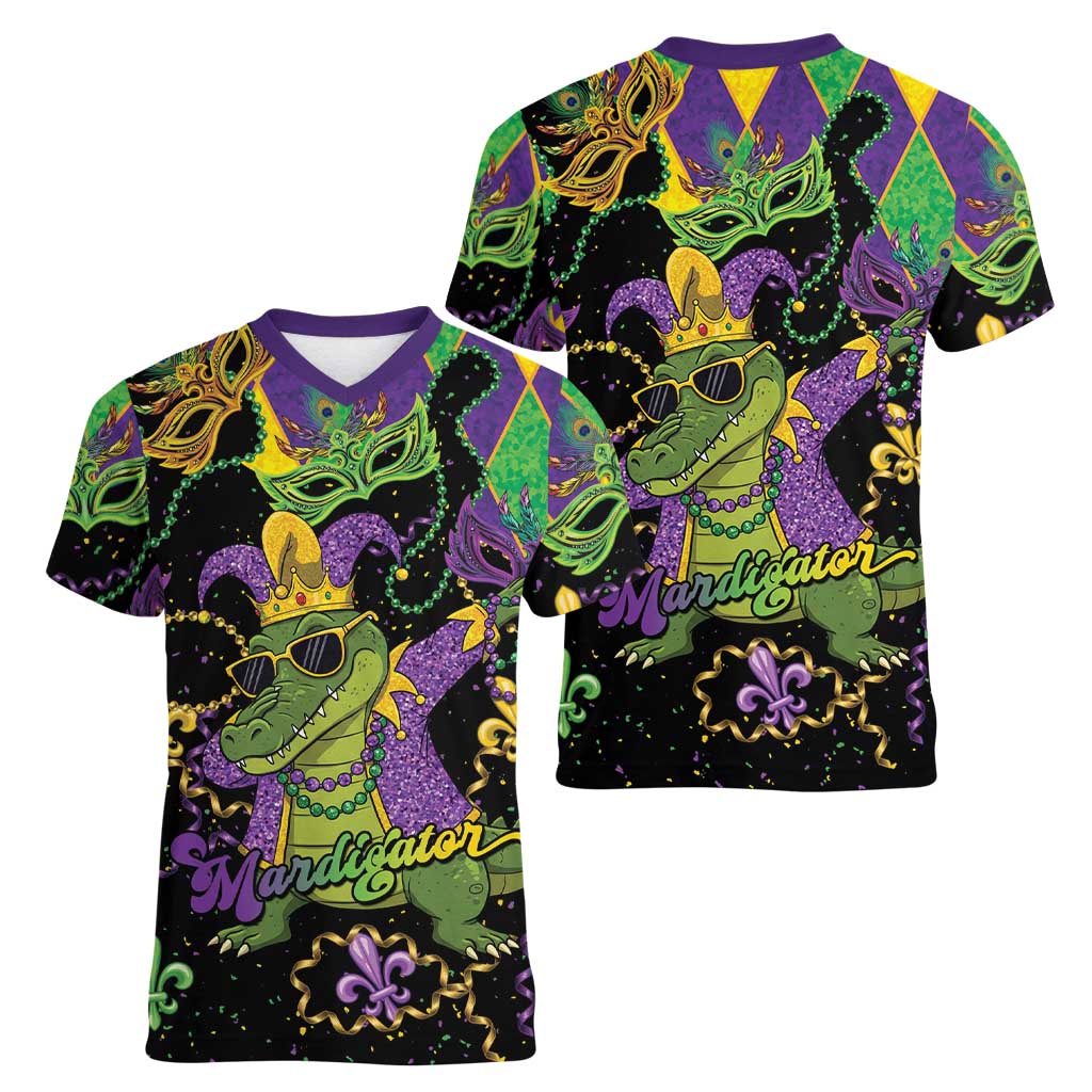 Mardi Gras Alligator Women V-Neck T-Shirt Mardigator On Tuesdays We Wear Beads - Wonder Print Shop