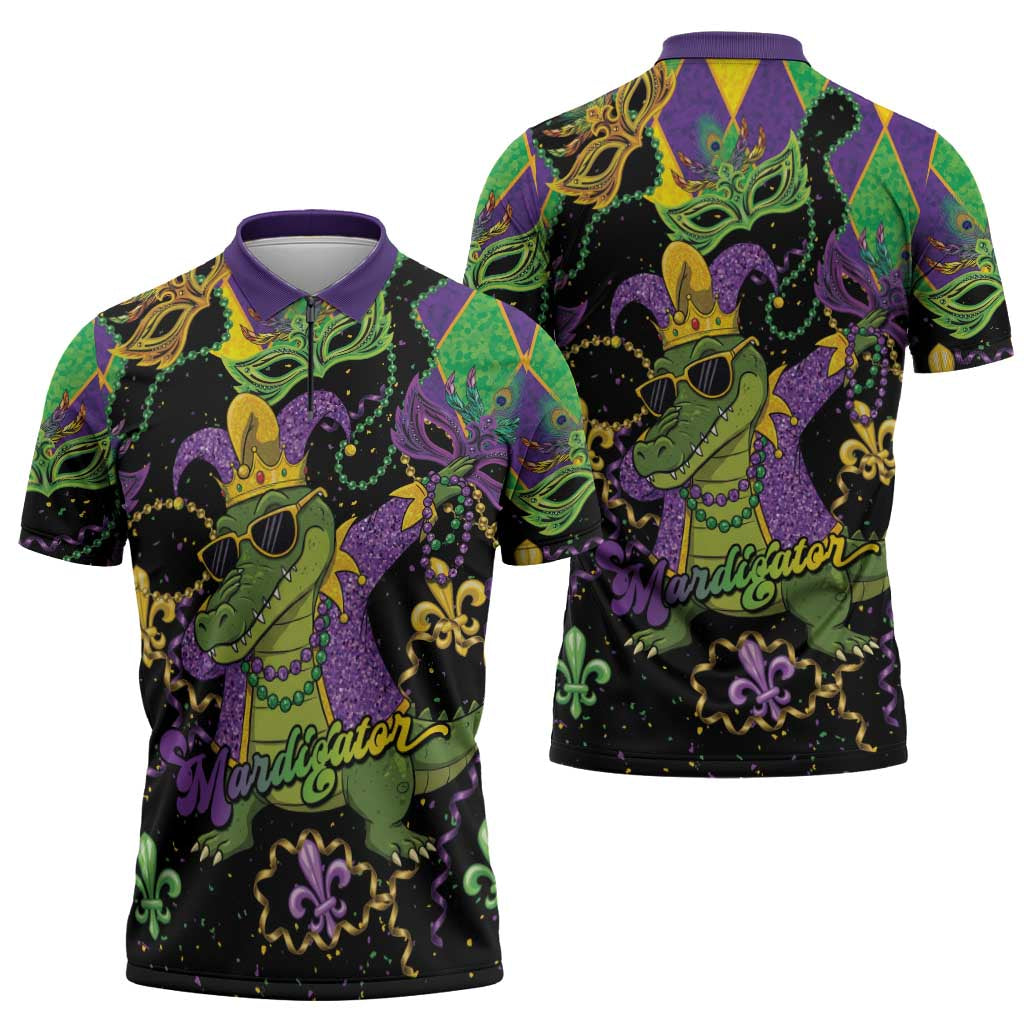 Mardi Gras Alligator Zipper Polo Shirt Mardigator On Tuesdays We Wear Beads - Wonder Print Shop