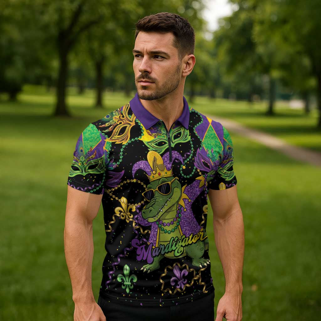 Mardi Gras Alligator Zipper Polo Shirt Mardigator On Tuesdays We Wear Beads - Wonder Print Shop
