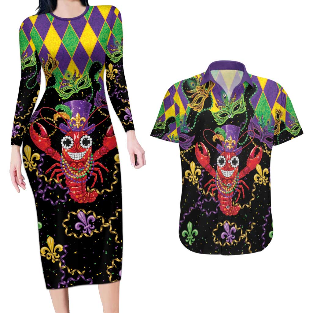 Mardi Gras Crawfish Couples Matching Long Sleeve Bodycon Dress and Hawaiian Shirt On Tuesdays We Wear Beads - Wonder Print Shop