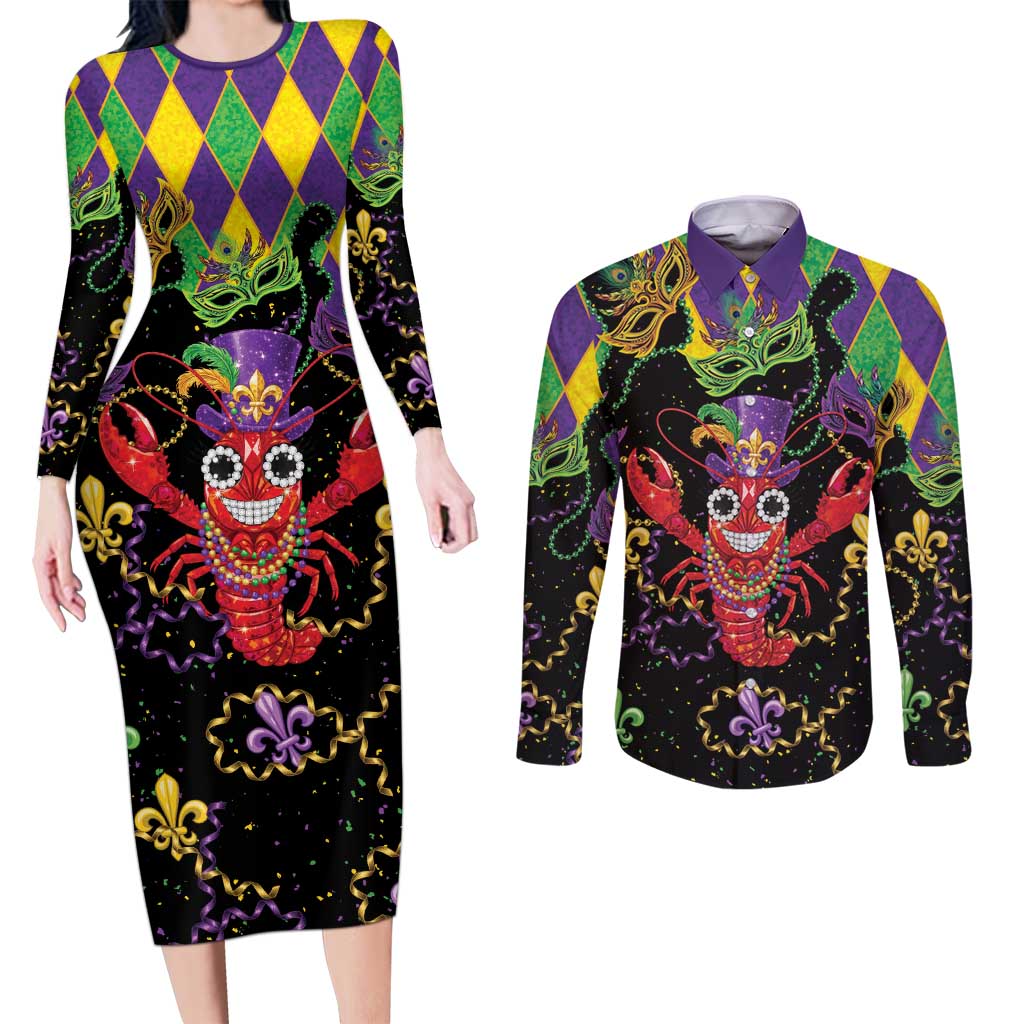 Mardi Gras Crawfish Couples Matching Long Sleeve Bodycon Dress and Long Sleeve Button Shirt On Tuesdays We Wear Beads - Wonder Print Shop