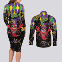Mardi Gras Crawfish Couples Matching Long Sleeve Bodycon Dress and Long Sleeve Button Shirt On Tuesdays We Wear Beads - Wonder Print Shop