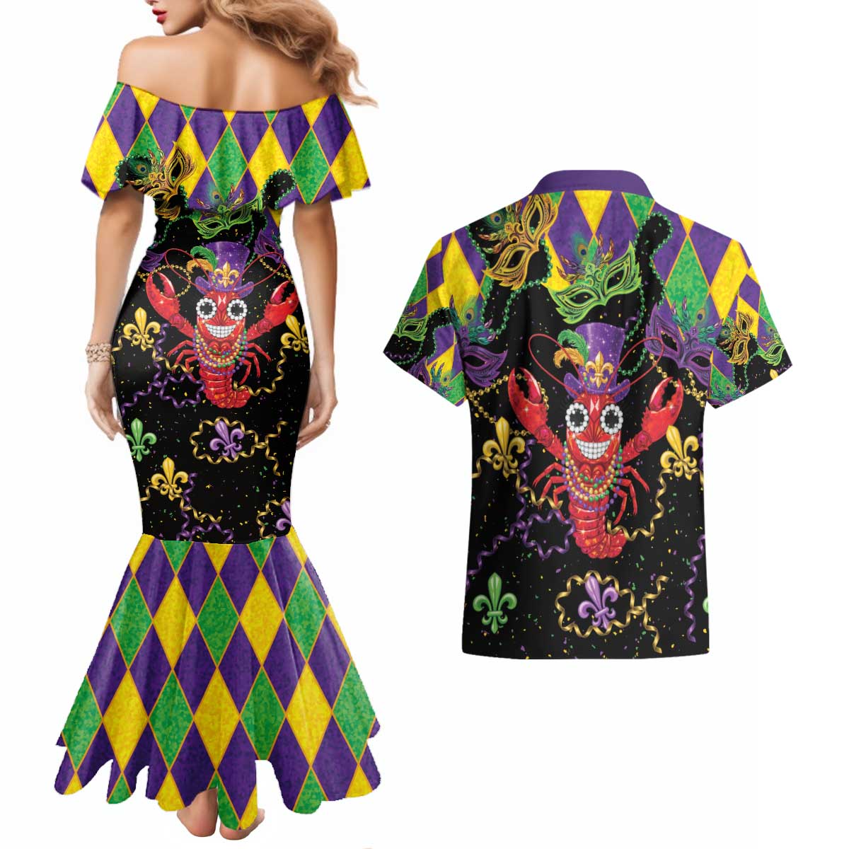 Mardi Gras Crawfish Couples Matching Mermaid Dress and Hawaiian Shirt On Tuesdays We Wear Beads - Wonder Print Shop