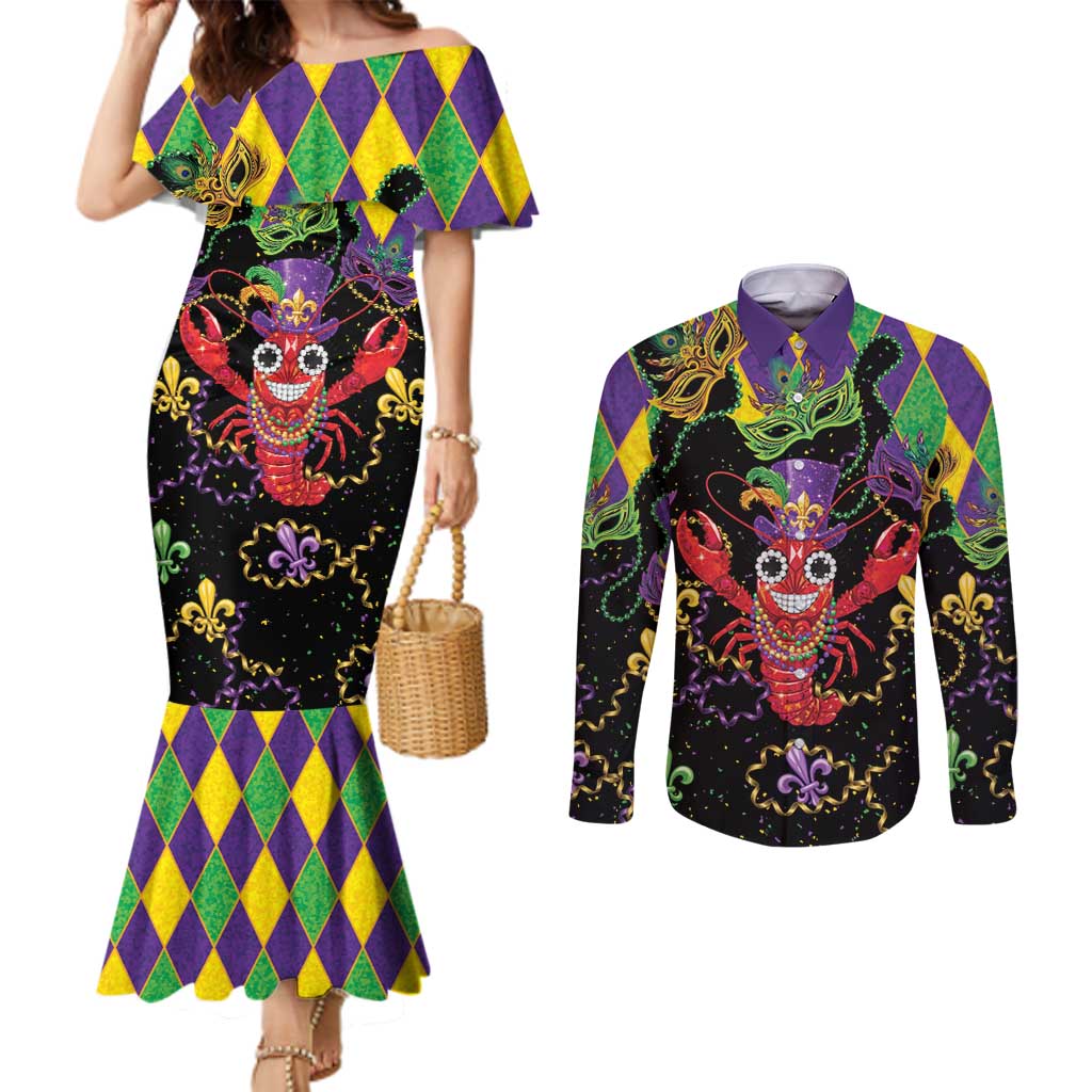 Mardi Gras Crawfish Couples Matching Mermaid Dress and Long Sleeve Button Shirt On Tuesdays We Wear Beads - Wonder Print Shop