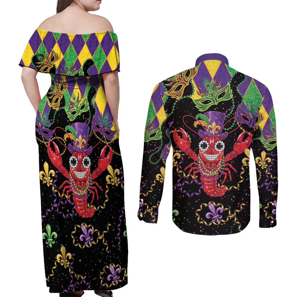 Mardi Gras Crawfish Couples Matching Off Shoulder Maxi Dress and Long Sleeve Button Shirt On Tuesdays We Wear Beads - Wonder Print Shop
