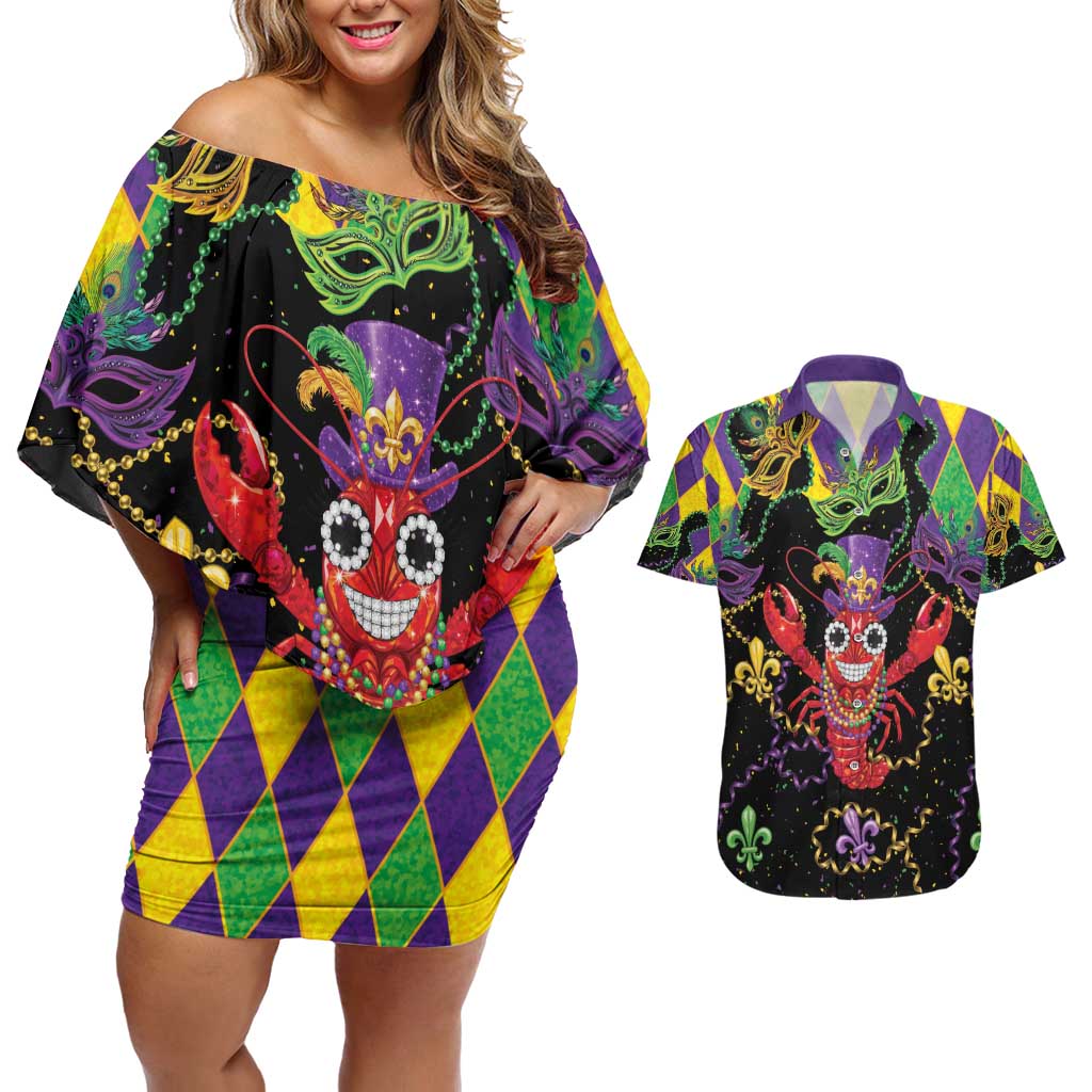 Mardi Gras Crawfish Couples Matching Off Shoulder Short Dress and Hawaiian Shirt On Tuesdays We Wear Beads - Wonder Print Shop