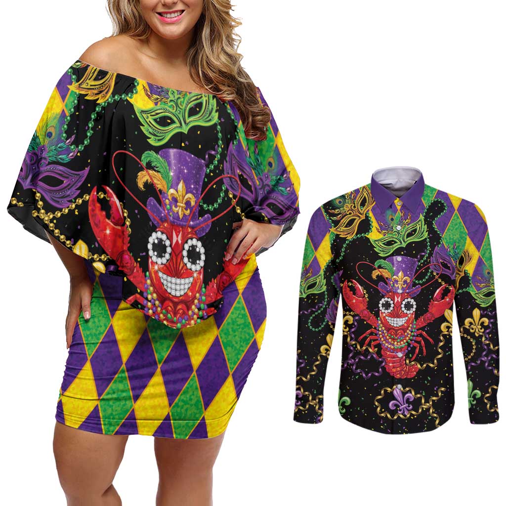 Mardi Gras Crawfish Couples Matching Off Shoulder Short Dress and Long Sleeve Button Shirt On Tuesdays We Wear Beads - Wonder Print Shop