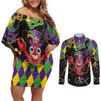 Mardi Gras Crawfish Couples Matching Off Shoulder Short Dress and Long Sleeve Button Shirt On Tuesdays We Wear Beads - Wonder Print Shop
