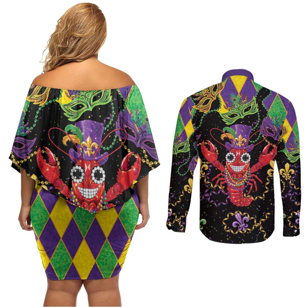 Mardi Gras Crawfish Couples Matching Off Shoulder Short Dress and Long Sleeve Button Shirt On Tuesdays We Wear Beads - Wonder Print Shop