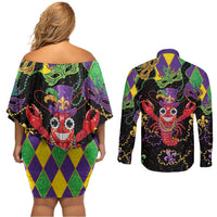 Mardi Gras Crawfish Couples Matching Off Shoulder Short Dress and Long Sleeve Button Shirt On Tuesdays We Wear Beads - Wonder Print Shop