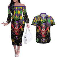 Mardi Gras Crawfish Couples Matching Off The Shoulder Long Sleeve Dress and Hawaiian Shirt On Tuesdays We Wear Beads - Wonder Print Shop