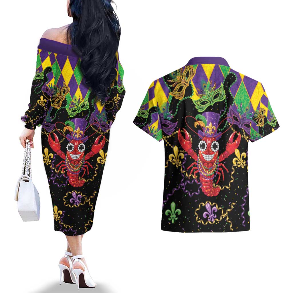 Mardi Gras Crawfish Couples Matching Off The Shoulder Long Sleeve Dress and Hawaiian Shirt On Tuesdays We Wear Beads - Wonder Print Shop
