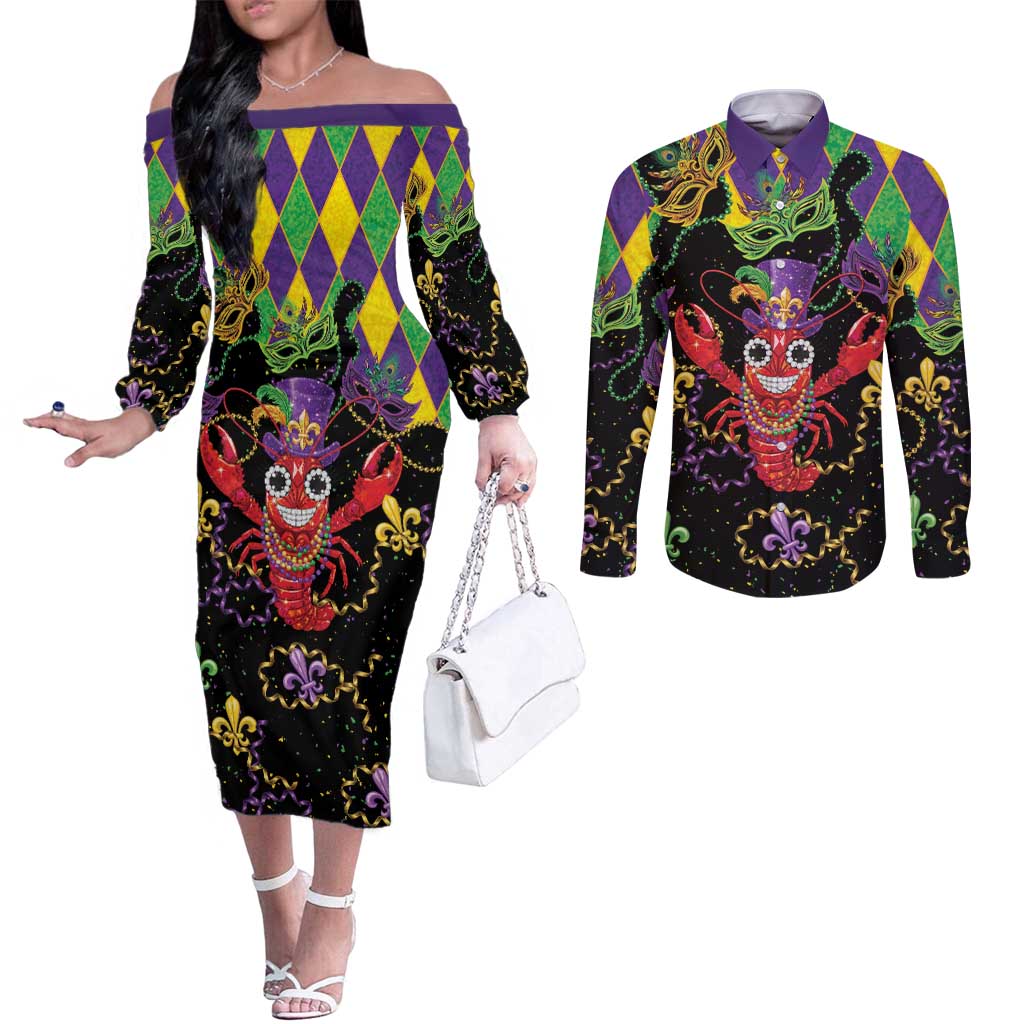 Mardi Gras Crawfish Couples Matching Off The Shoulder Long Sleeve Dress and Long Sleeve Button Shirt On Tuesdays We Wear Beads - Wonder Print Shop