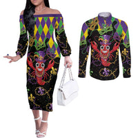 Mardi Gras Crawfish Couples Matching Off The Shoulder Long Sleeve Dress and Long Sleeve Button Shirt On Tuesdays We Wear Beads - Wonder Print Shop
