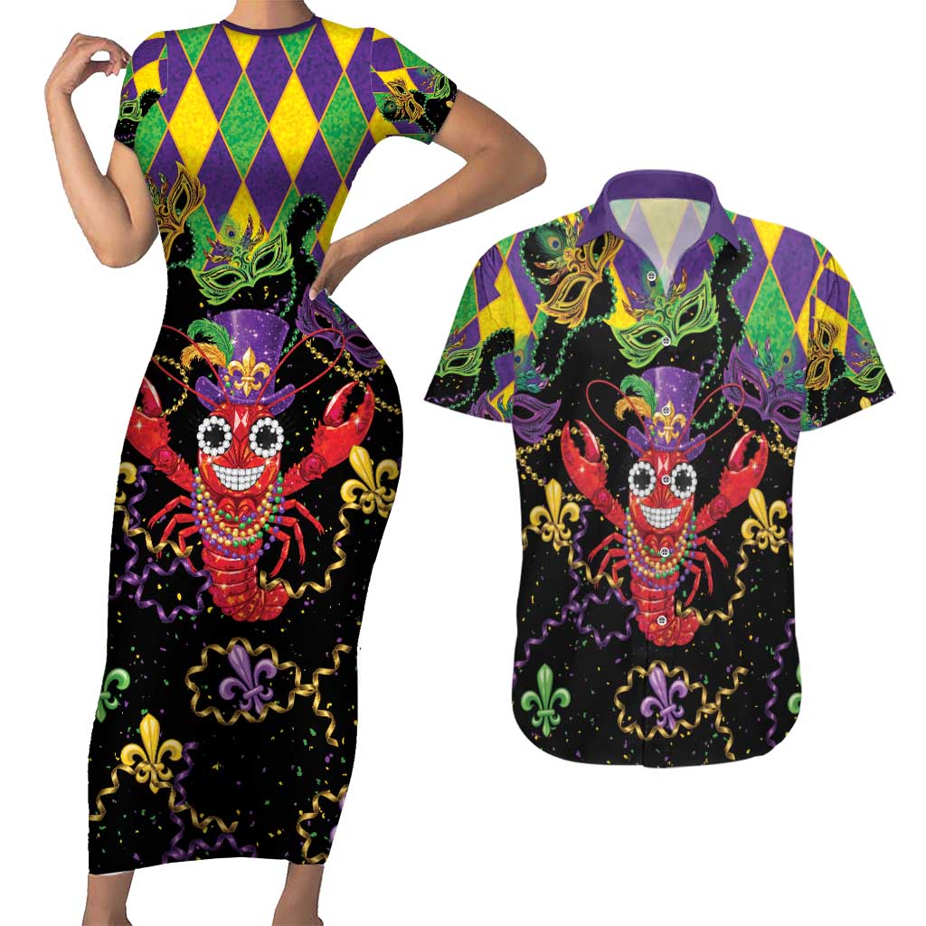 Mardi Gras Crawfish Couples Matching Short Sleeve Bodycon Dress and Hawaiian Shirt On Tuesdays We Wear Beads - Wonder Print Shop