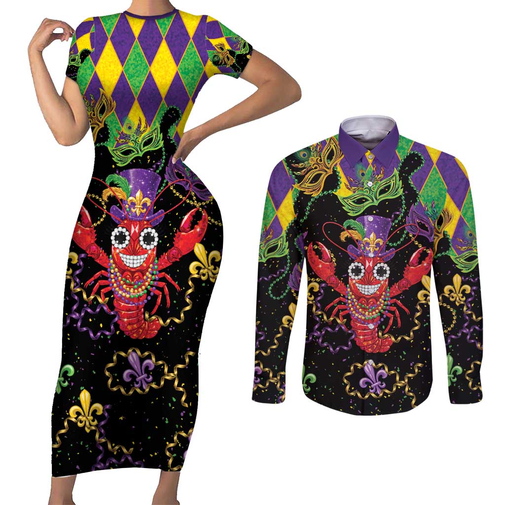 Mardi Gras Crawfish Couples Matching Short Sleeve Bodycon Dress and Long Sleeve Button Shirt On Tuesdays We Wear Beads - Wonder Print Shop