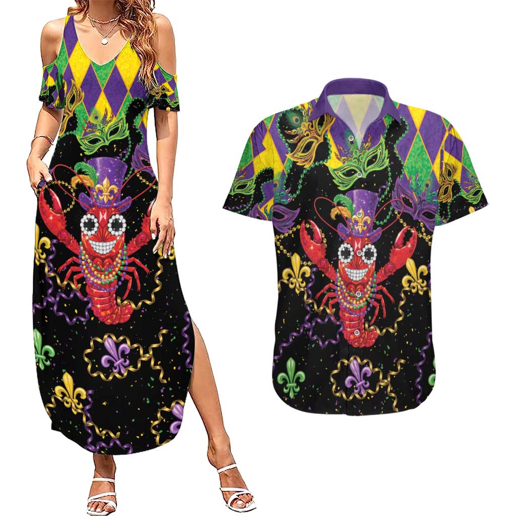 Mardi Gras Crawfish Couples Matching Summer Maxi Dress and Hawaiian Shirt On Tuesdays We Wear Beads - Wonder Print Shop