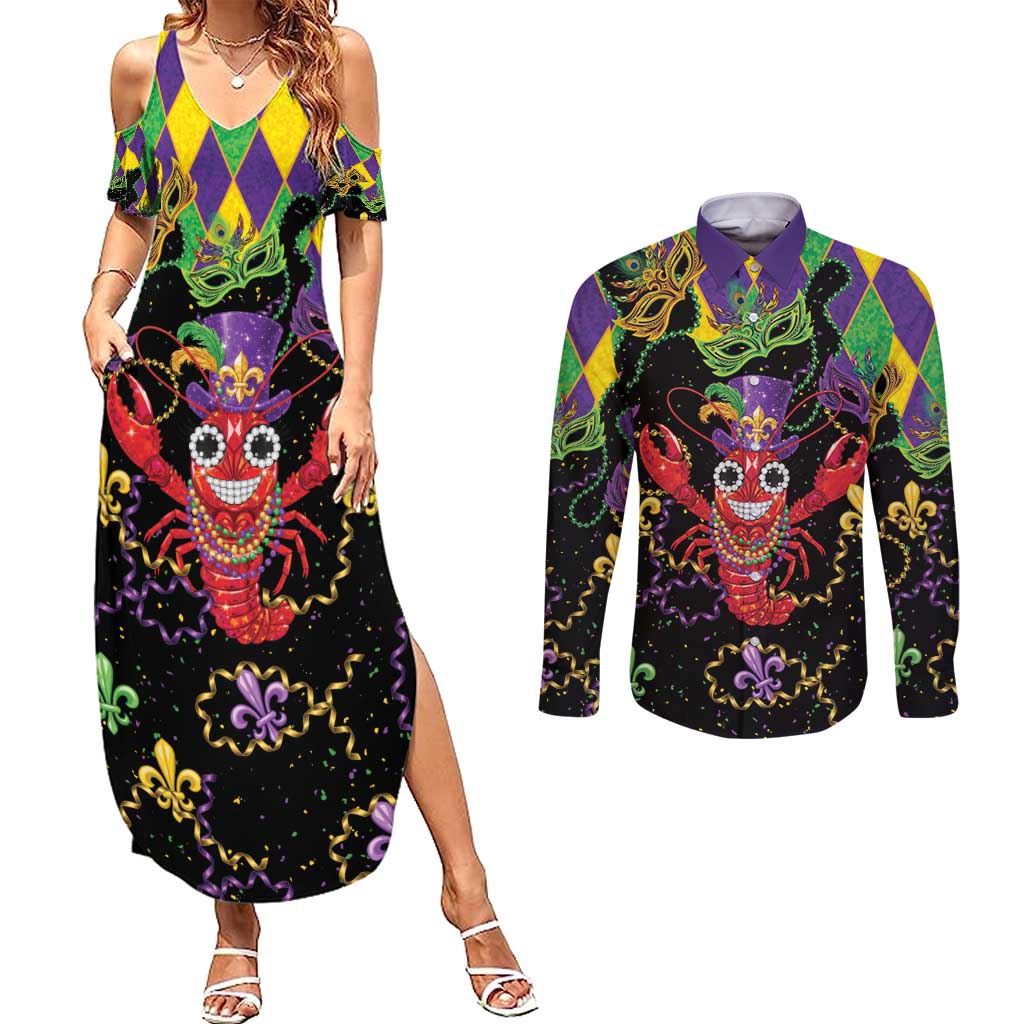 Mardi Gras Crawfish Couples Matching Summer Maxi Dress and Long Sleeve Button Shirt On Tuesdays We Wear Beads - Wonder Print Shop