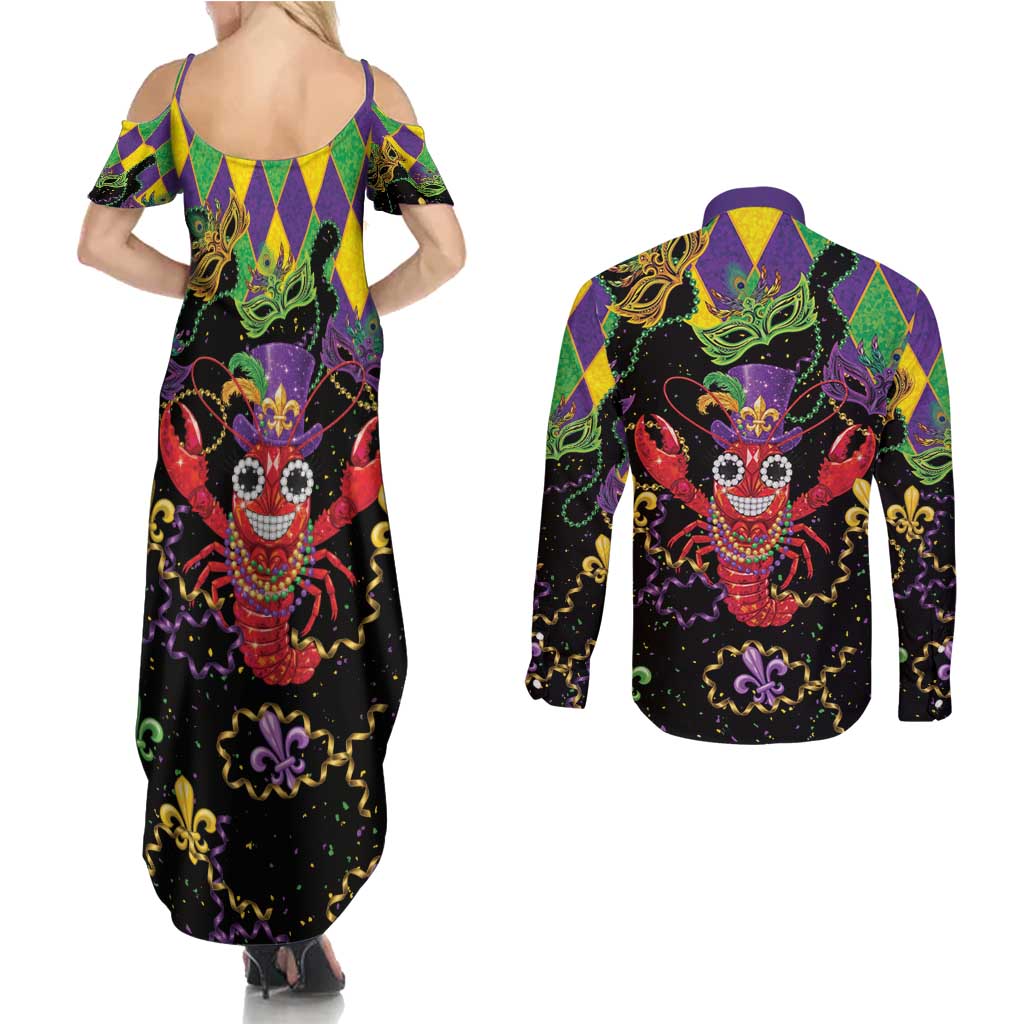 Mardi Gras Crawfish Couples Matching Summer Maxi Dress and Long Sleeve Button Shirt On Tuesdays We Wear Beads - Wonder Print Shop