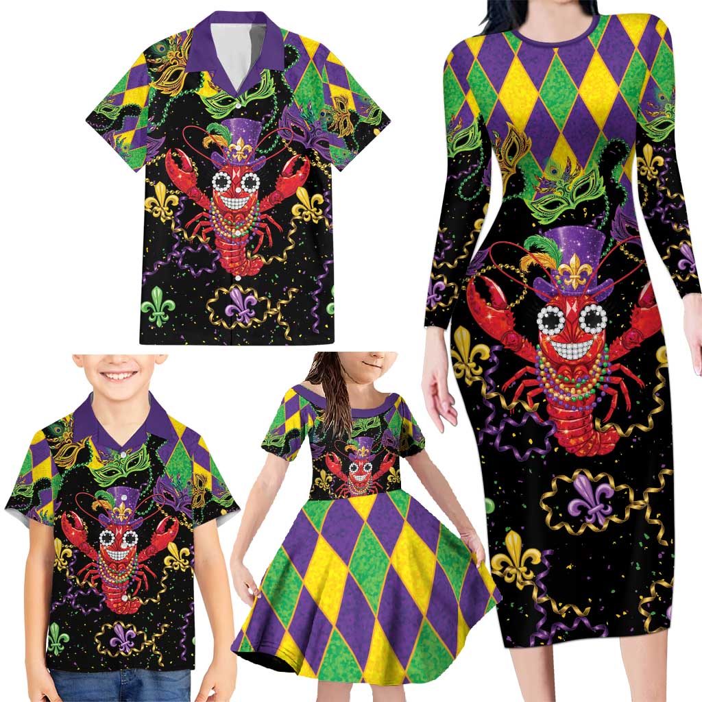 Mardi Gras Crawfish Family Matching Long Sleeve Bodycon Dress and Hawaiian Shirt On Tuesdays We Wear Beads - Wonder Print Shop