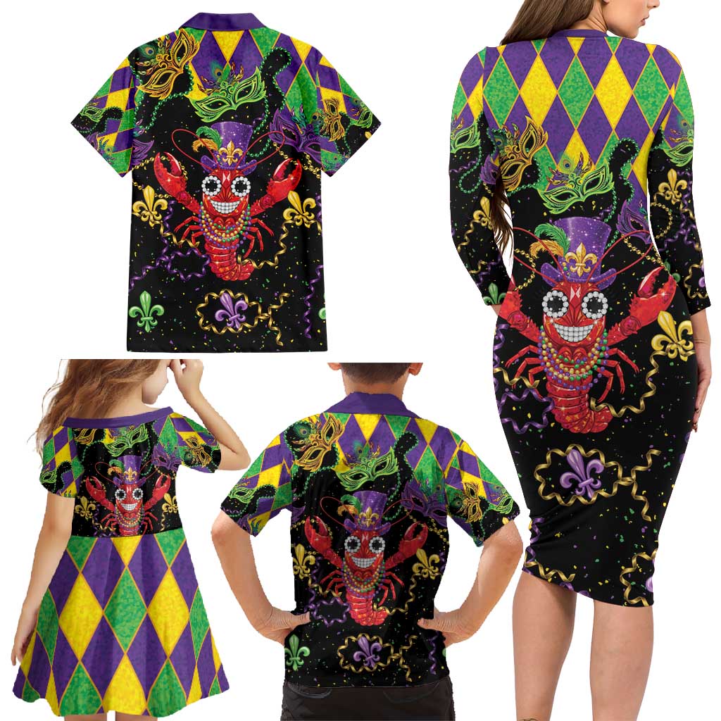 Mardi Gras Crawfish Family Matching Long Sleeve Bodycon Dress and Hawaiian Shirt On Tuesdays We Wear Beads - Wonder Print Shop