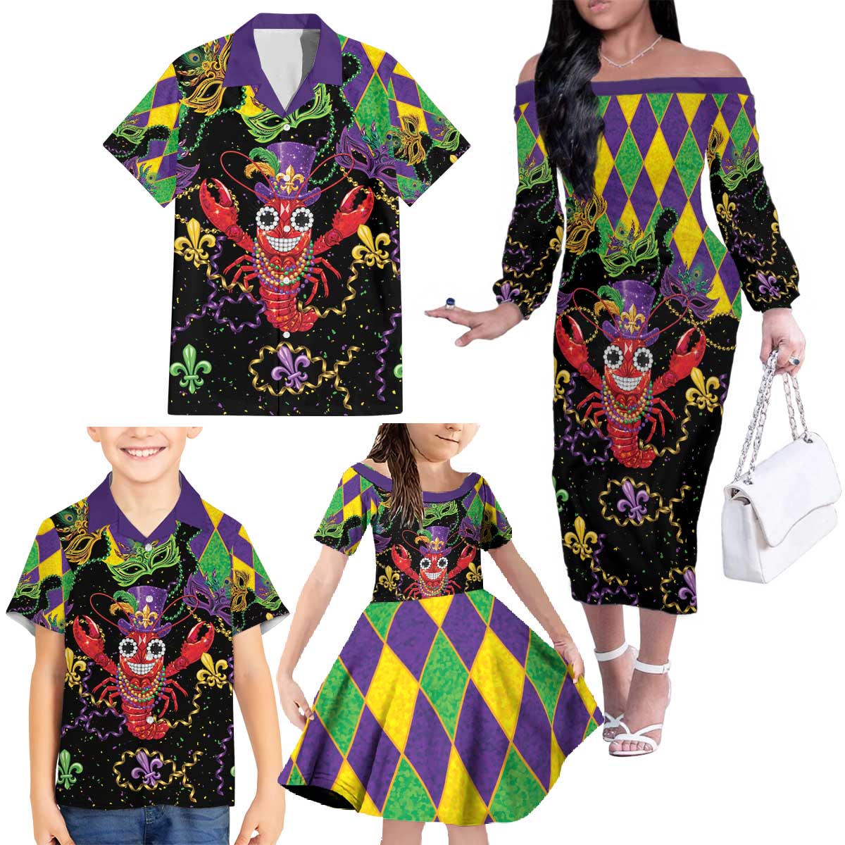 Mardi Gras Crawfish Family Matching Off The Shoulder Long Sleeve Dress and Hawaiian Shirt On Tuesdays We Wear Beads - Wonder Print Shop