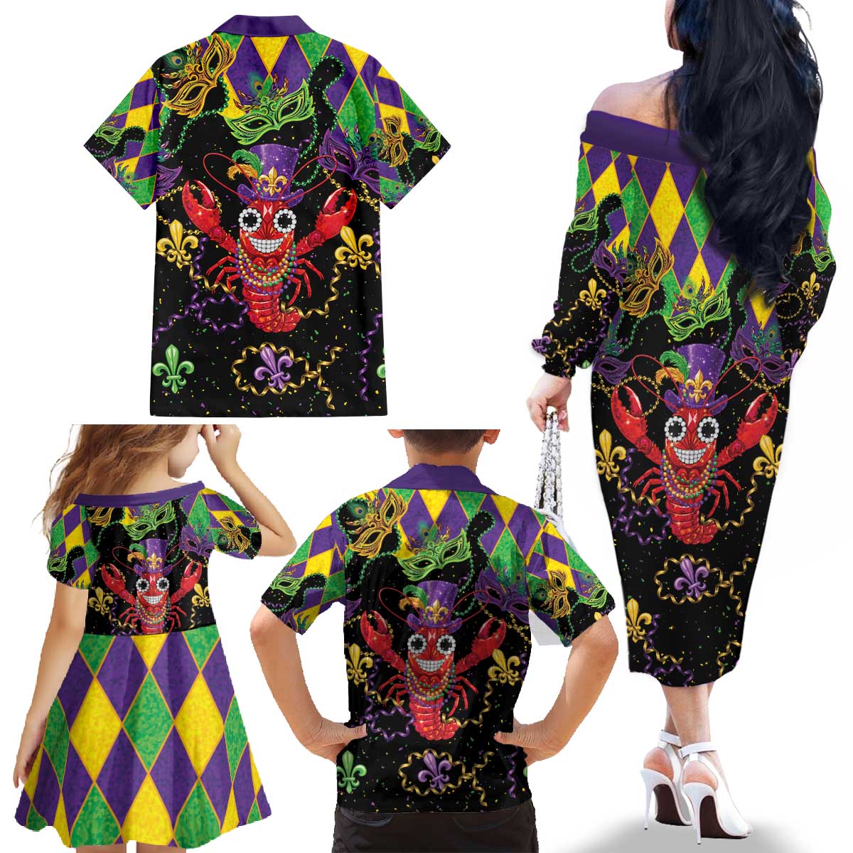 Mardi Gras Crawfish Family Matching Off The Shoulder Long Sleeve Dress and Hawaiian Shirt On Tuesdays We Wear Beads - Wonder Print Shop