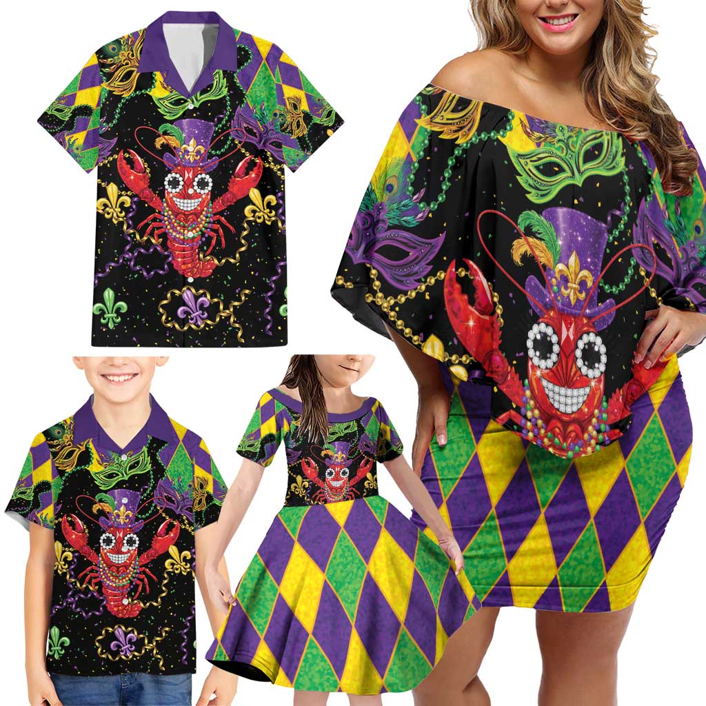 Mardi Gras Crawfish Family Matching Off Shoulder Short Dress and Hawaiian Shirt On Tuesdays We Wear Beads - Wonder Print Shop