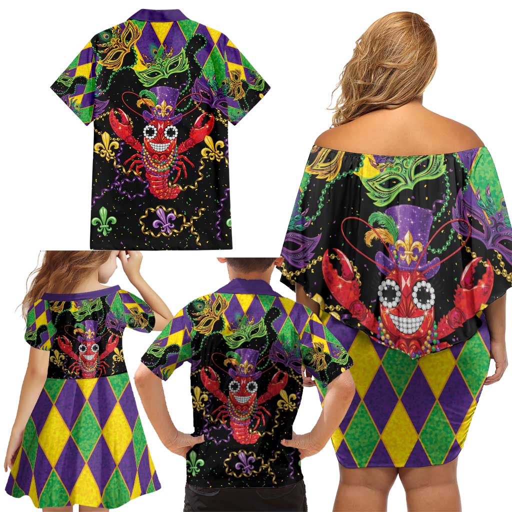 Mardi Gras Crawfish Family Matching Off Shoulder Short Dress and Hawaiian Shirt On Tuesdays We Wear Beads - Wonder Print Shop