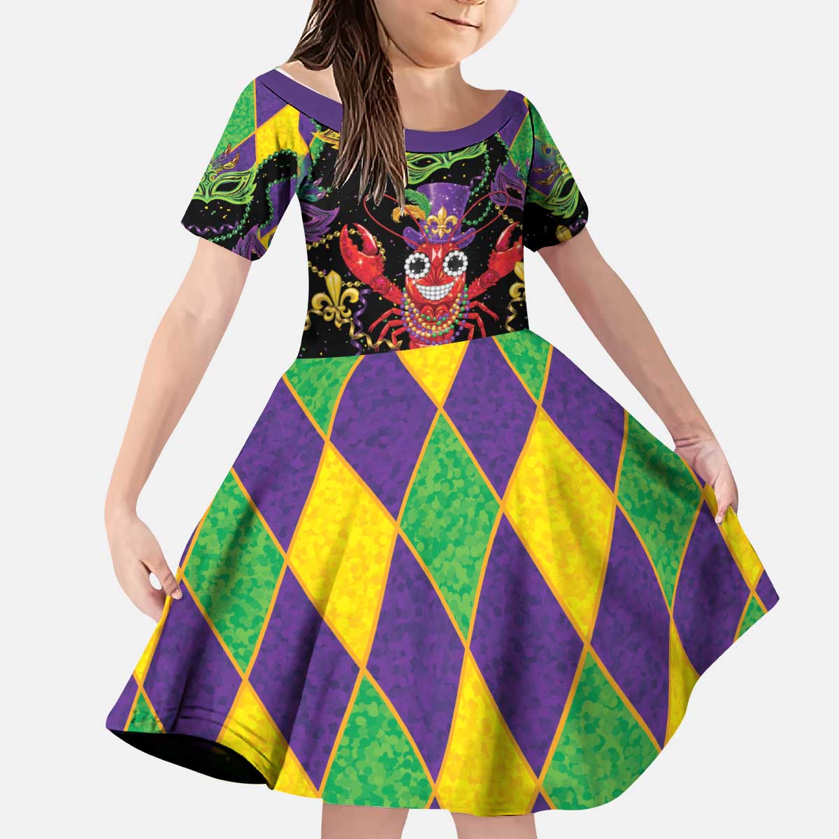 Mardi Gras Crawfish Kid Short Sleeve Dress On Tuesdays We Wear Beads - Wonder Print Shop