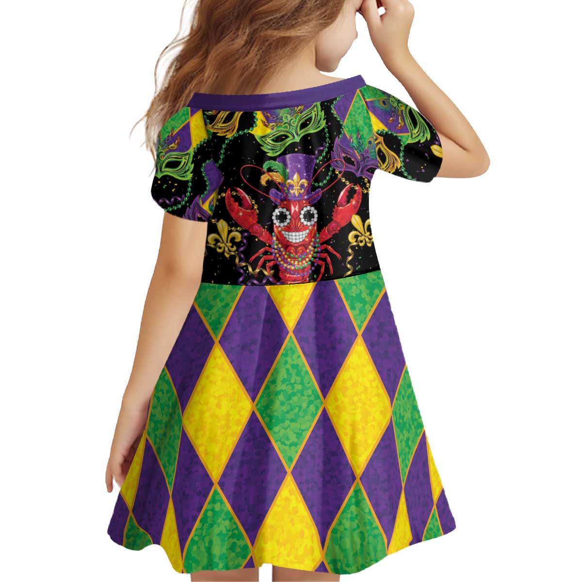 Mardi Gras Crawfish Kid Short Sleeve Dress On Tuesdays We Wear Beads - Wonder Print Shop