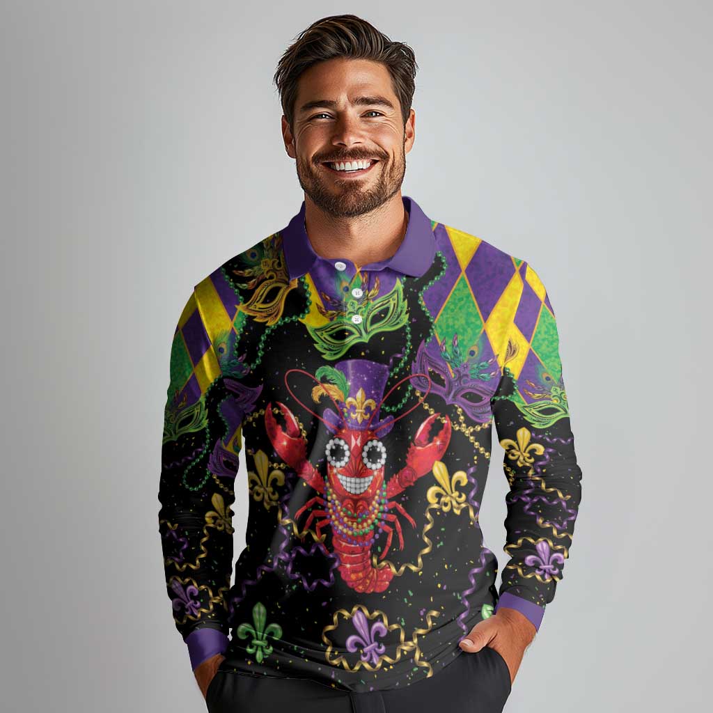 Mardi Gras Crawfish Long Sleeve Polo Shirt On Tuesdays We Wear Beads - Wonder Print Shop