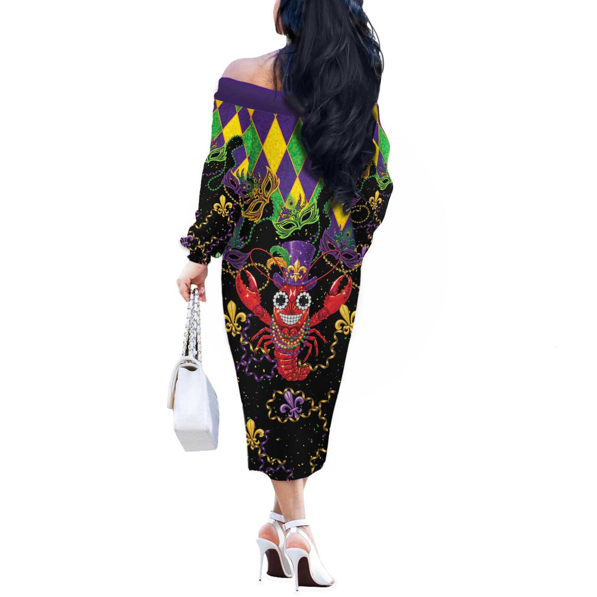 Mardi Gras Crawfish Off The Shoulder Long Sleeve Dress On Tuesdays We Wear Beads - Wonder Print Shop