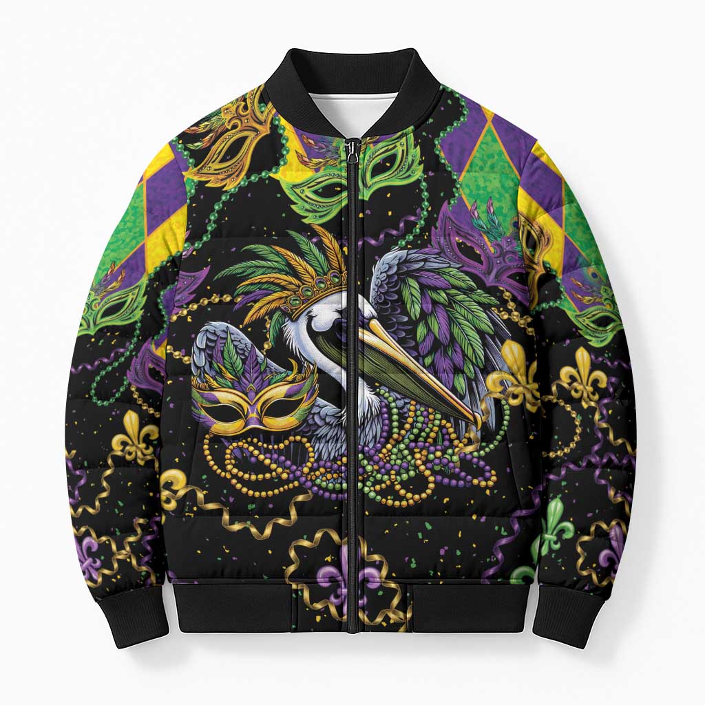 Mardi Gras Pelican Bomber Puffer Jacket On Tuesdays We Wear Beads - Wonder Print Shop