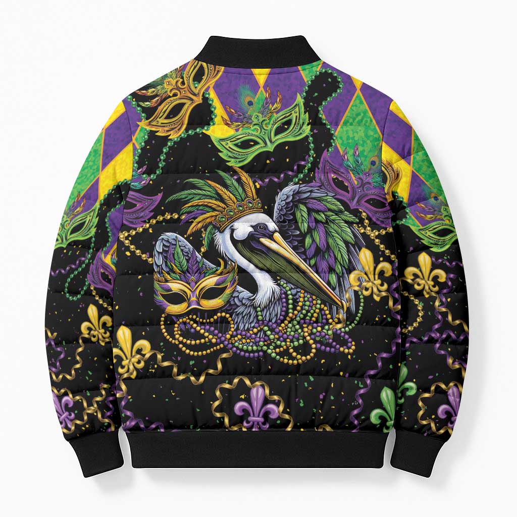 Mardi Gras Pelican Bomber Puffer Jacket On Tuesdays We Wear Beads - Wonder Print Shop