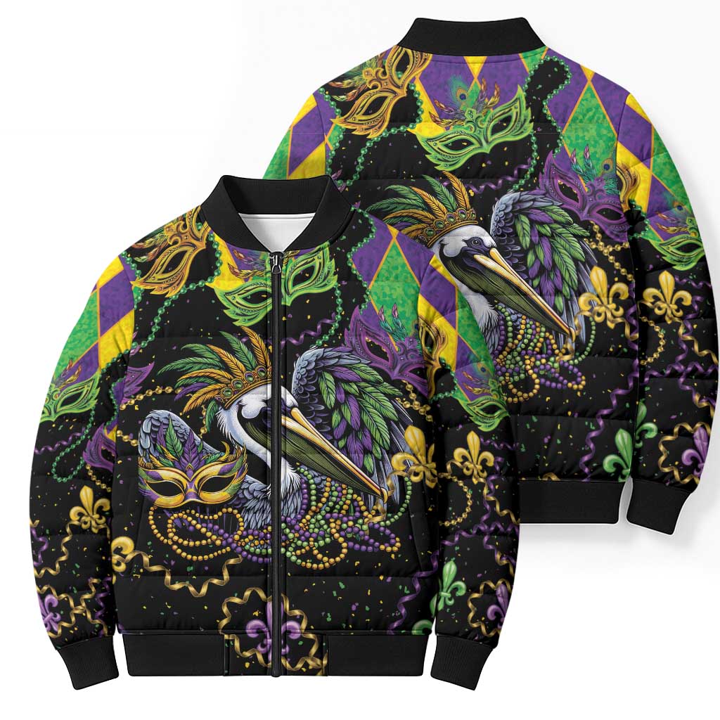 Mardi Gras Pelican Bomber Puffer Jacket On Tuesdays We Wear Beads - Wonder Print Shop