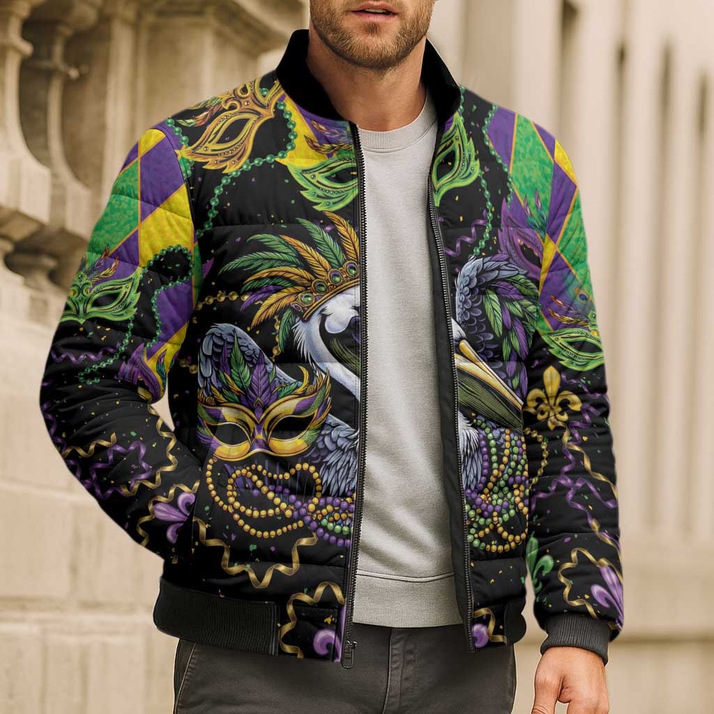 Mardi Gras Pelican Bomber Puffer Jacket On Tuesdays We Wear Beads - Wonder Print Shop
