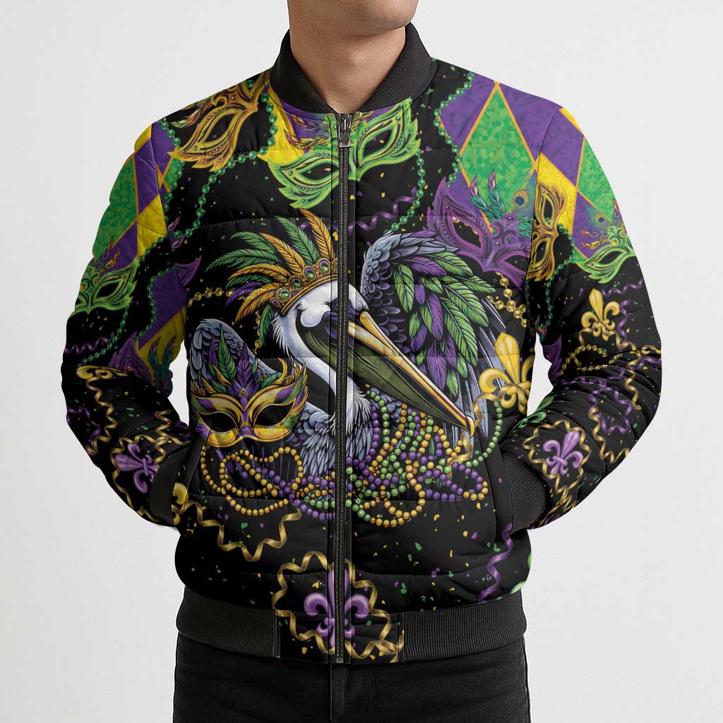 Mardi Gras Pelican Bomber Puffer Jacket On Tuesdays We Wear Beads - Wonder Print Shop