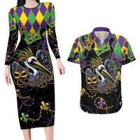 Mardi Gras Pelican Couples Matching Long Sleeve Bodycon Dress and Hawaiian Shirt On Tuesdays We Wear Beads - Wonder Print Shop