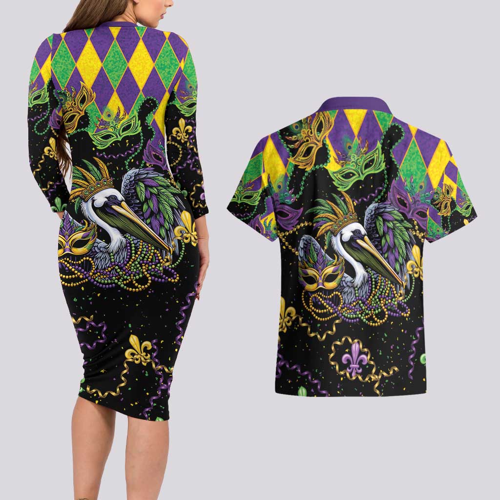 Mardi Gras Pelican Couples Matching Long Sleeve Bodycon Dress and Hawaiian Shirt On Tuesdays We Wear Beads - Wonder Print Shop