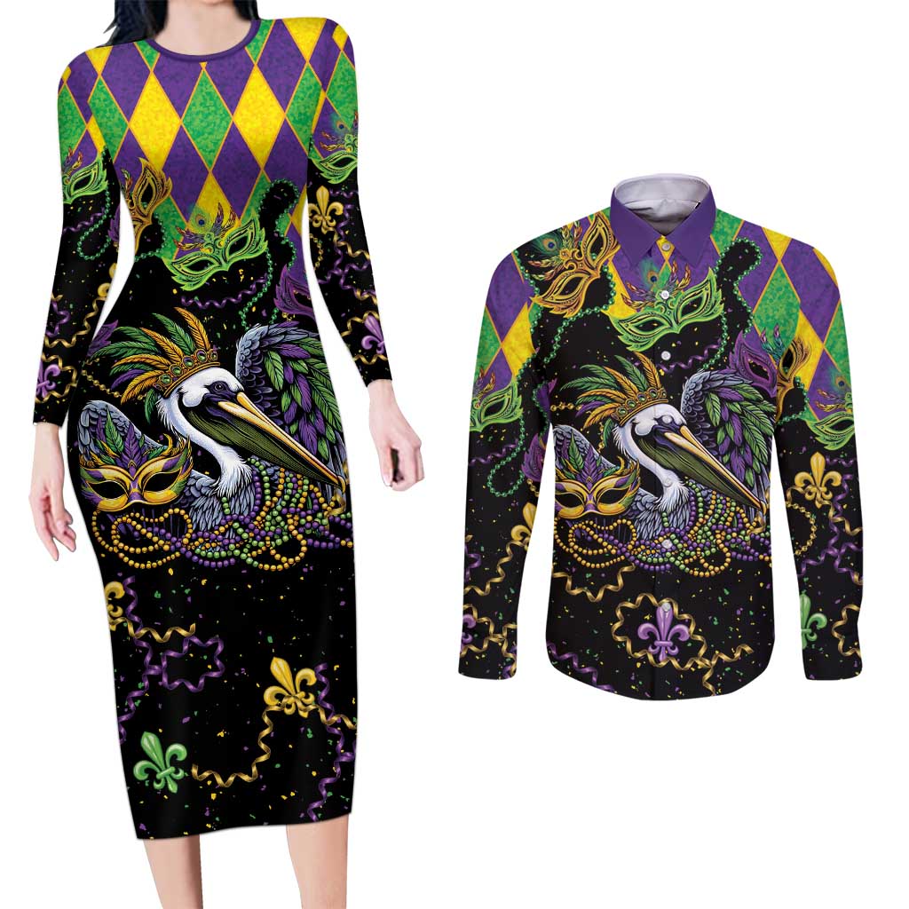 Mardi Gras Pelican Couples Matching Long Sleeve Bodycon Dress and Long Sleeve Button Shirt On Tuesdays We Wear Beads - Wonder Print Shop