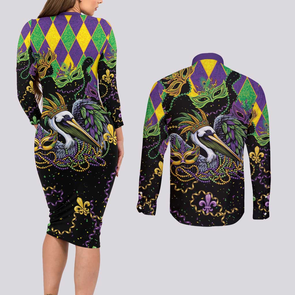Mardi Gras Pelican Couples Matching Long Sleeve Bodycon Dress and Long Sleeve Button Shirt On Tuesdays We Wear Beads - Wonder Print Shop