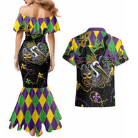 Mardi Gras Pelican Couples Matching Mermaid Dress and Hawaiian Shirt On Tuesdays We Wear Beads - Wonder Print Shop