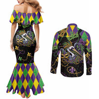 Mardi Gras Pelican Couples Matching Mermaid Dress and Long Sleeve Button Shirt On Tuesdays We Wear Beads - Wonder Print Shop