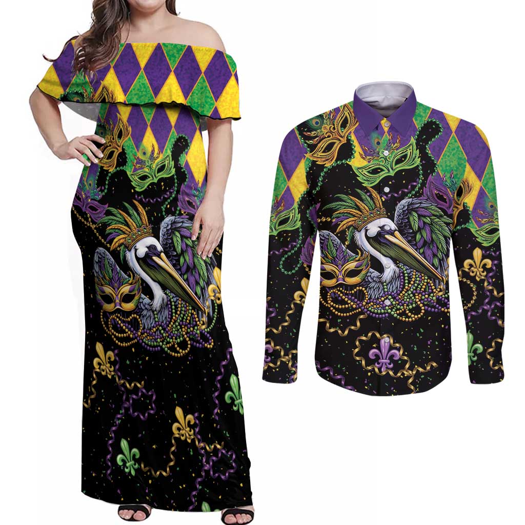 Mardi Gras Pelican Couples Matching Off Shoulder Maxi Dress and Long Sleeve Button Shirt On Tuesdays We Wear Beads - Wonder Print Shop