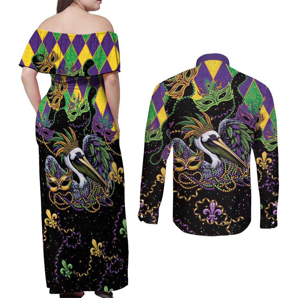 Mardi Gras Pelican Couples Matching Off Shoulder Maxi Dress and Long Sleeve Button Shirt On Tuesdays We Wear Beads - Wonder Print Shop