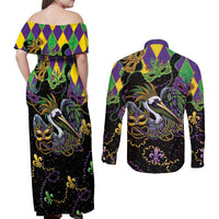 Mardi Gras Pelican Couples Matching Off Shoulder Maxi Dress and Long Sleeve Button Shirt On Tuesdays We Wear Beads - Wonder Print Shop